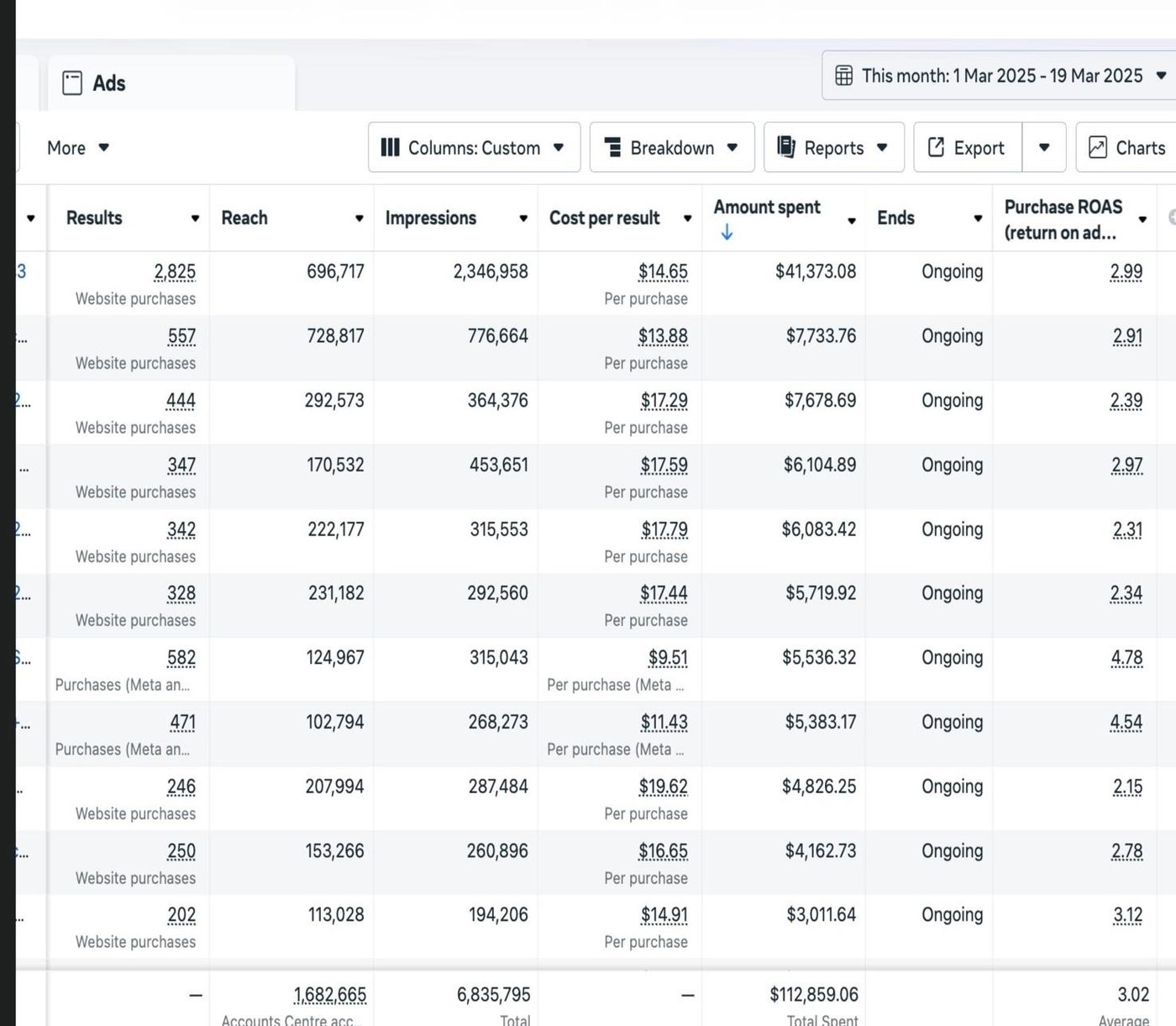 Meta Ads Manager ad set results